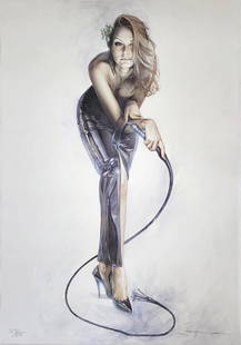 Hajime Sorayama, 'Woman With Whip', Signed Limited Edition Lithograph: Artist: Hajime Sorayama, Japan, b. 1947 Size: 17" x 24" Medium: Lithograph on High Gloss Paper Signature: Lower Left Subject: Nude Female in Black Leather Jacket and Boots, Urinating Limited Edition o