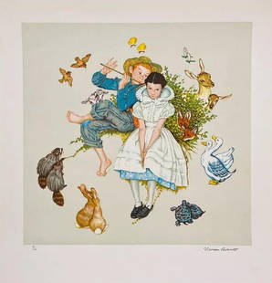 Norman Rockwell 'Sweet Song So Young' 1977, Signed & Numbered Lithograph 1977: "Sweet Song So Young" From the Four Ages of Love Suite by Norman Rockwell Media: Lithograph on Paper Image Dimensions: 21" x 22" Year Produced: 1977 Edition Size: 200 Numbered (1-200), 60 Artists Proo