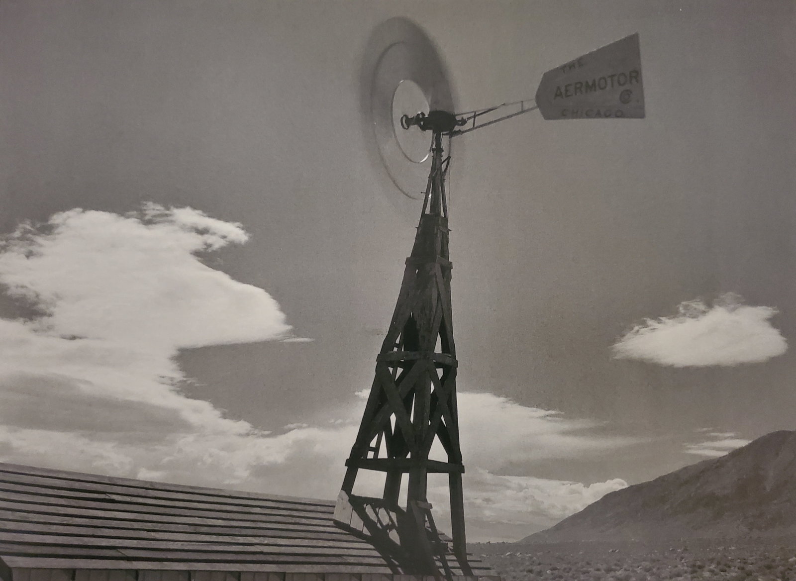 Ansel Adams, Windmill Spinning, Owens Valley, Near Independence, California, 1935: Photographer: Ansel Adams (American, 1902 - 1984) - Internationally renowned American photographer. One of the most influential artists in photographic history. Title: "Windmill Spinning, Owens Valley