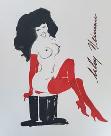 LeRoy Neiman, Playboy Femlin in Red sits atop a hat, Original Signed Watercolor Drawing