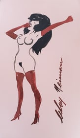 LeRoy Neiman, Playboy Femlin in red yawns, Original Signed Watercolor Drawing