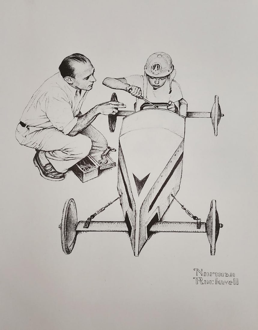 Norman Rockwell, Life Soap Box Racer - C.1960S: Norman Rockwell " Life Soap Box Racer" from the "American Family Life" portfolio, Sketch Drawing 1950s for Massachusetts Mutual Company Media: offset lithograph on heavy cardstock paper Licensed print