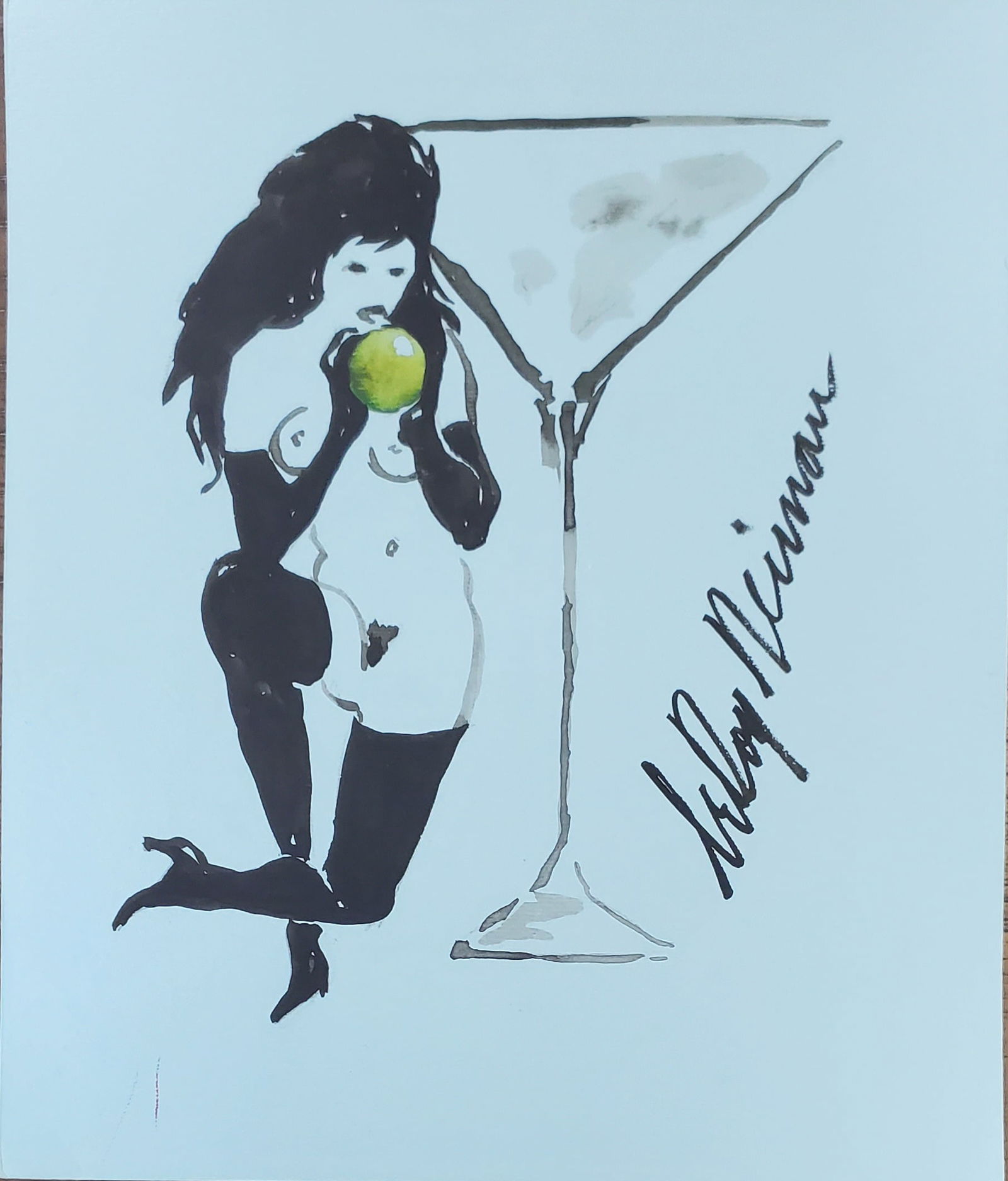 LeRoy Neiman, Playboy Femlin eating a cocktail olive, Original Signed Watercolor Drawing