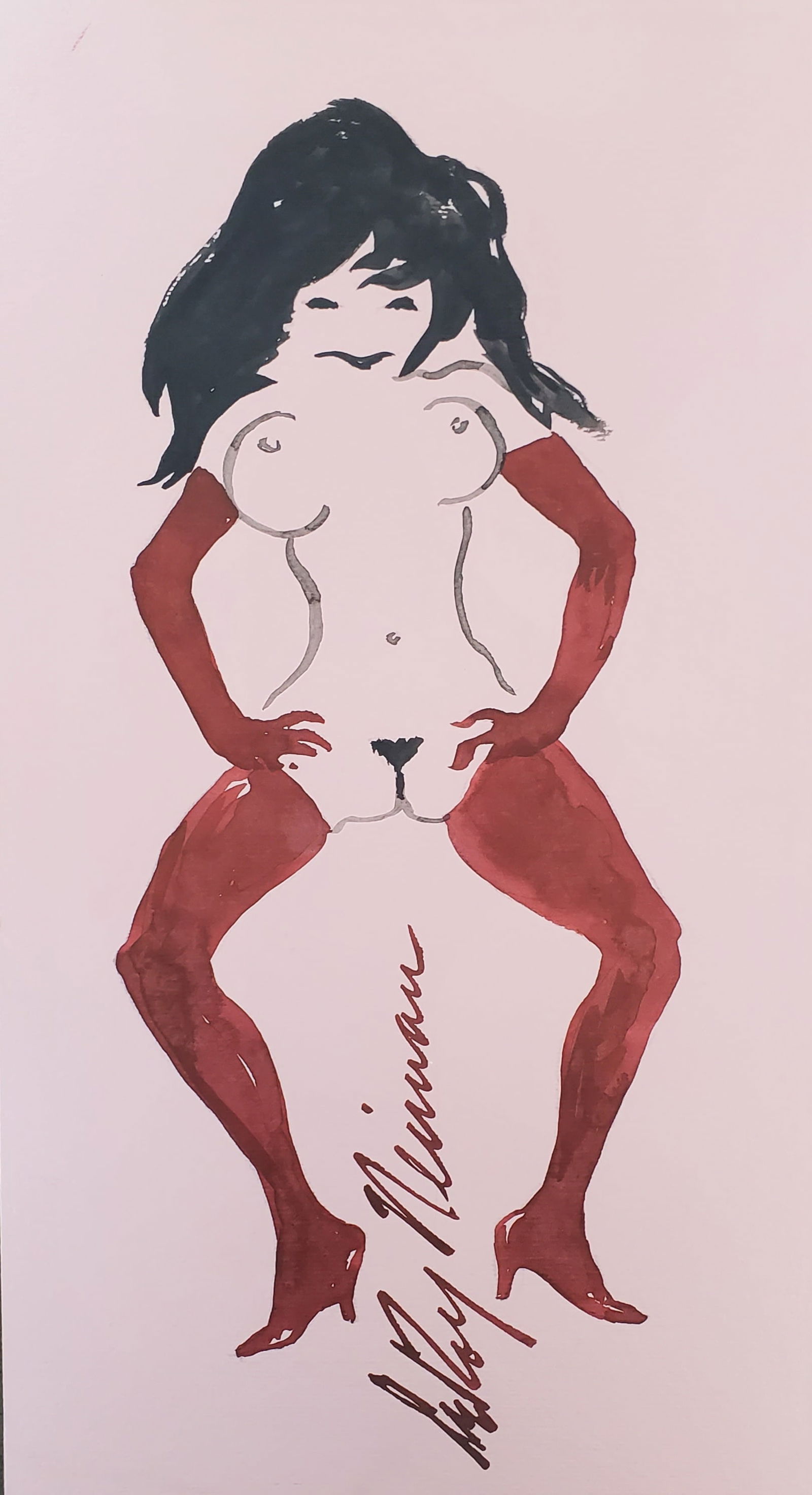 LeRoy Neiman, Playboy Femlin in red poses, Original Signed Watercolor Drawing (1 of 2)