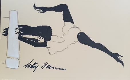 LeRoy Neiman, Playboy Femlin practices on the beam, Original Signed Watercolor Drawing