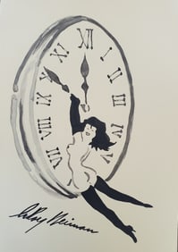 LeRoy Neiman, Playboy Femlin hangs from a clock, Original Signed Watercolor Drawing