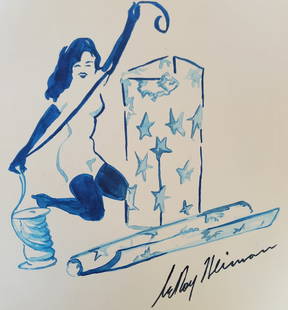 LeRoy Neiman, Playboy Femlin wraps a present, Original Signed Watercolor Drawing: Artist: LeRoy Neiman Title: Playboy Femlin Medium: Watercolor on Paper Subject: Playboy Magazine Femlin Condition: Very Good Size: 9 x 8.25 Condition: Very Good - Excellent