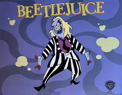 Warner Bros, Beetlejuice Cartoon, Limited Edition Sericel: Limited edition Sericel from Warner Bros of "Beetlejuice". This fantastic animation features Beetlejuice as he appeared in the animated television series. This Cel measures 11" x 14", comes unframed,