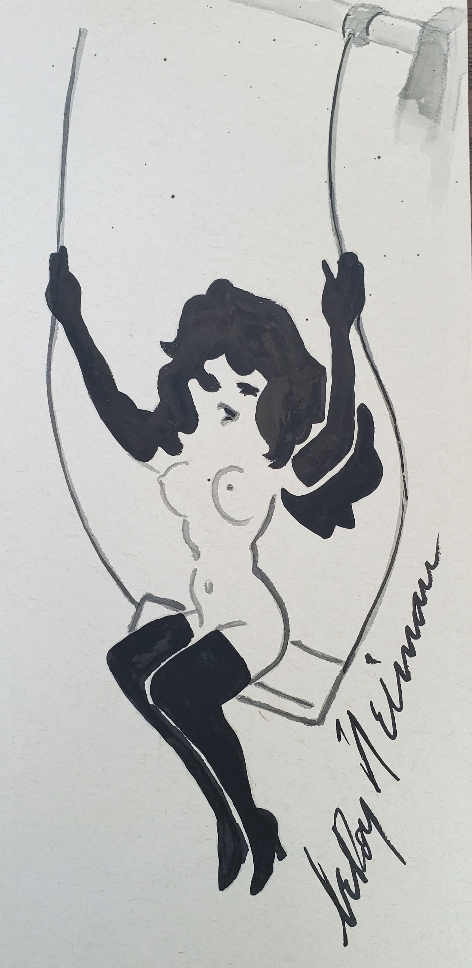 LeRoy Neiman, Playboy Femlin on a swing set, Original Signed Watercolor Drawing
