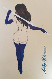 LeRoy Neiman, Playboy Femlin in blue with her pole, Original Signed Watercolor Drawing: Artist: LeRoy Neiman Title: Playboy Femlin Medium: Watercolor on Paper Subject: Playboy Magazine Femlin Condition: Very Good Size: 11 x 7.75 Condition: Very Good - Excellent