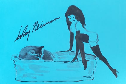 LeRoy Neiman, Playboy Femlin pets her cat, Original Signed Watercolor Drawing