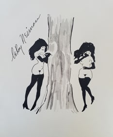LeRoy Neiman, Playboy Femlin carves into a tree, Original Signed Watercolor Drawing