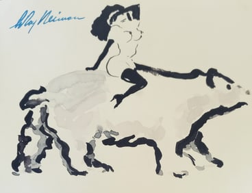 LeRoy Neiman, Playboy Femlin rides a wispy bear, Original Signed Watercolor Drawing