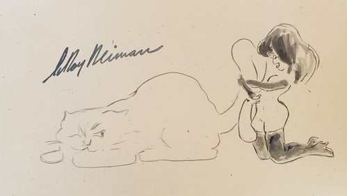 LeRoy Neiman, Playboy Femlin loves on her cat, Original Signed Watercolor Drawing