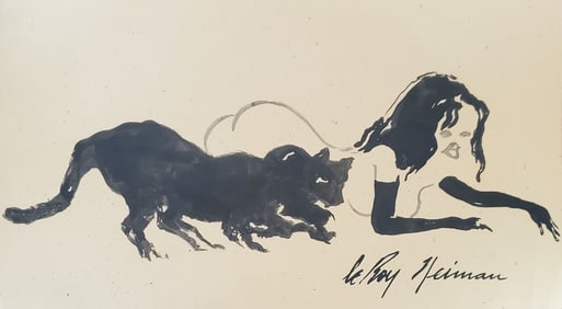 LeRoy Neiman, Playboy Femlin with wispy cat, Original Signed Watercolor Drawing