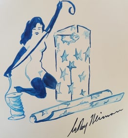 LeRoy Neiman, Playboy Femlin wraps a present, Original Signed Watercolor Drawing