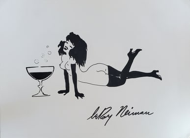LeRoy Neiman, Playboy Femlin has some bubbly, Original Signed Watercolor Drawing