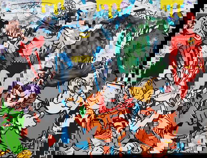 Jozza - Pop Art, "Heroes New Friends", Mixed Media Acrylic Painting, 24"x30": Description Jozza "Heroe's New Friends" Original Acrylic Paint on Canvas Size- 30 x 24 stretched Canvas Hand Signed on the front and the back in Black Market Comes with a Letter of authenticity Condit