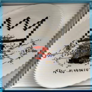 Jean Michel Basquiat Porcelain Plate # 1 Licensed and Made in France: Jean Michel Basquiat Licensed Porcelain Plate By Ligne Blanche Made in France Licensed By Artestar, New York the Estate of Jean Michel Basquiat Condition- Excellent and comes with original box Artist