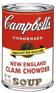 Andy Warhol, New England Clam Chowder, Silkscreen: Item Details Description Andy Warhol - New England Clam Chowder Soup Sunday B Morning Medium: Silkscreen on Museum Board Sunday B. Morning color screenprints are printed on museum boards with the high