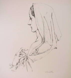 Leonard Tsuguharu Foujita 'Profil de madone ' lithograph. signed in pencil, 1957: Artist: Leonard Tsuguharu Foujita Title: 'Profil de madone' Year: 1957 Medium: lithograph on paper Size: 55.5 x 38 cm. (21.85 x 14.96 in) Edition: 165/220 signed & numbered in pencil Condition: In exc