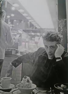Dennis Stock, James Dean with coffee and dessert, NYC: Photographer: Dennis Stock Title: James Dean with coffee and dessert, NYC Type Of Print: Sheet fed photogravure Date Of Print: 2015 Print Origin: China Printmaker: Thames and Hudson Approximate Image