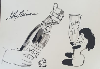 LeRoy Neiman, Playboy Femlin Gets Poured a Glass of Shampgne, Original Signed Watercolor Drawing