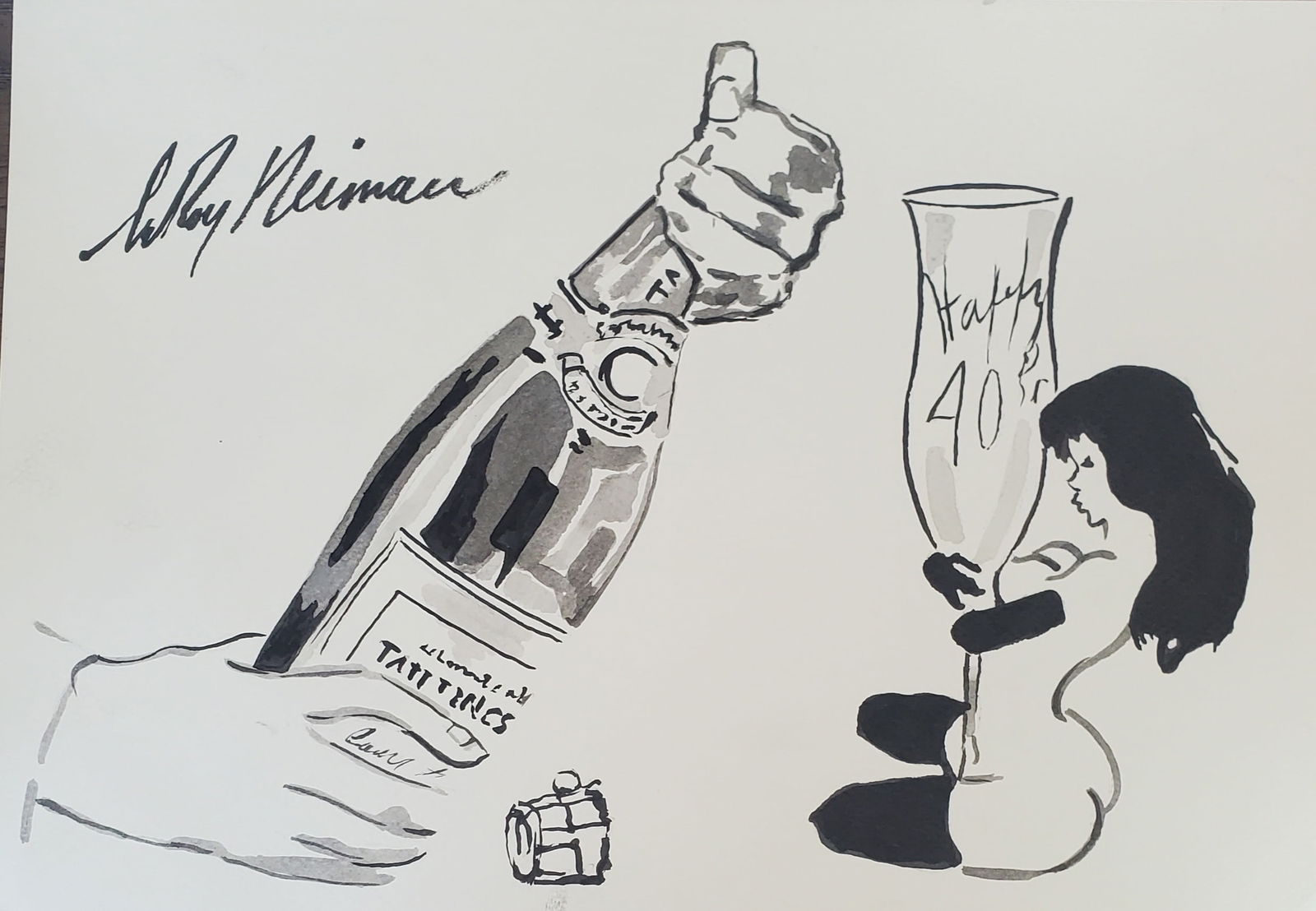 LeRoy Neiman, Playboy Femlin Gets Poured a Glass of Shampgne, Original Signed Watercolor Drawing