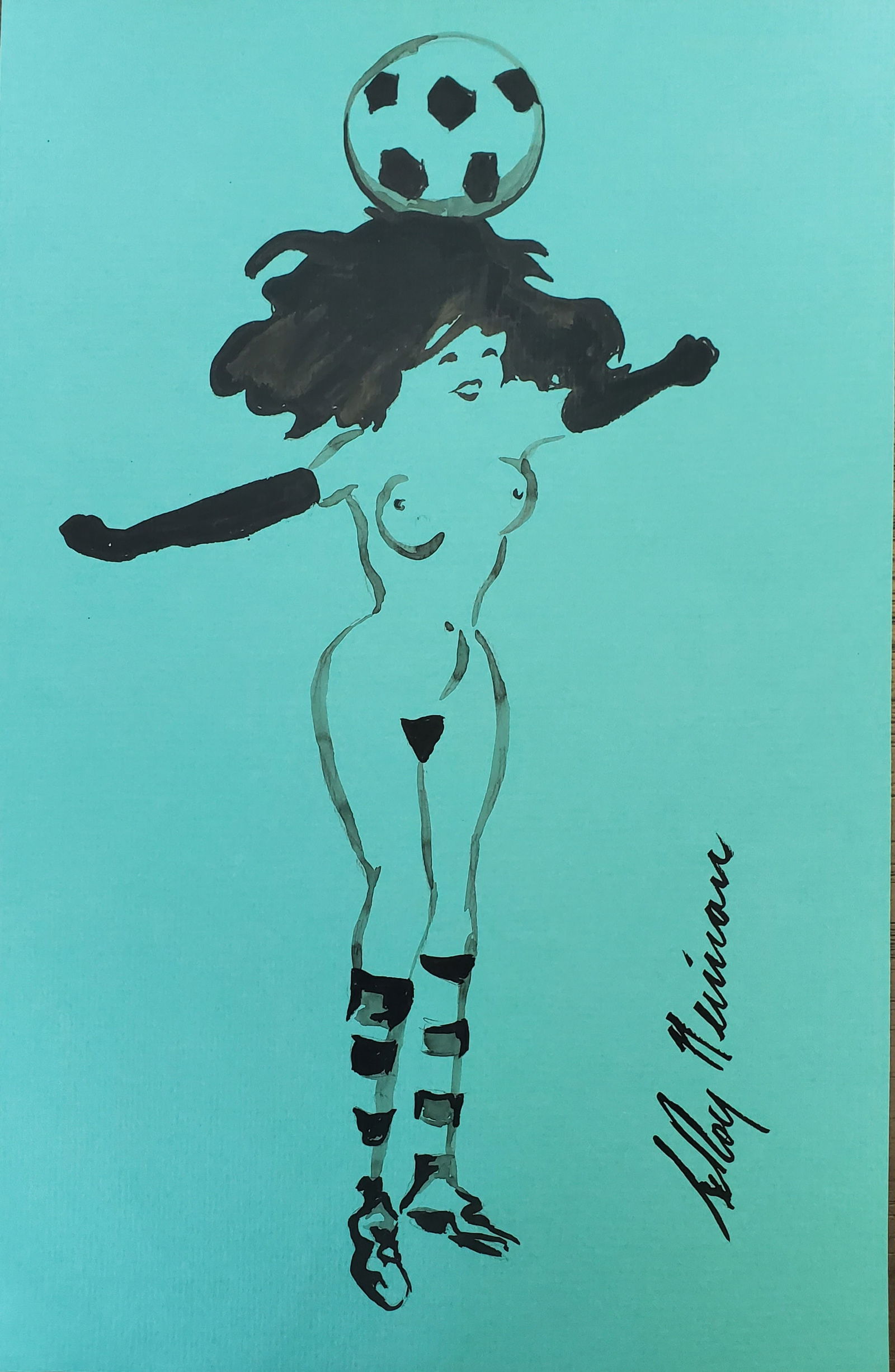 LeRoy Neiman, Playboy Femlin is a soccer star II, Original Signed Watercolor Drawing (1 of 2)