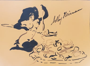 LeRoy Neiman, Playboy Femlin dines on pasta, Original Signed Watercolor Drawing