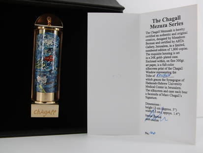 Marc Chagall, "Reuben" Limited Edition 24K Gold Plated Mezuzah: ARTIST: MARC CHAGALL TITLE: REUBEN (THE TWELVE TRIBES SERIES) MEDIUM: FULL COLOR SILKSCREEN IN 24K GOLD PLATED MEZUZAH SIZE: APPROX 5" X 1.5" INCHES EDITION: LIMITED EDITION SIGNED: SIGNED IN PLATE CE