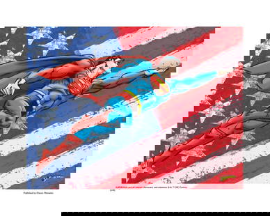 Warner Bros, Dc Comics, Superman, "Patriotic Background", 16" X 20": Title: Superman, Patriotic Background Subject: DC Comics Publisher: Classic Moments Type: Animation Giclee Paper: MT600 Year Produced: Circa 2000-2010 Size: 16" x 20" Condition: Excellent Licensed by