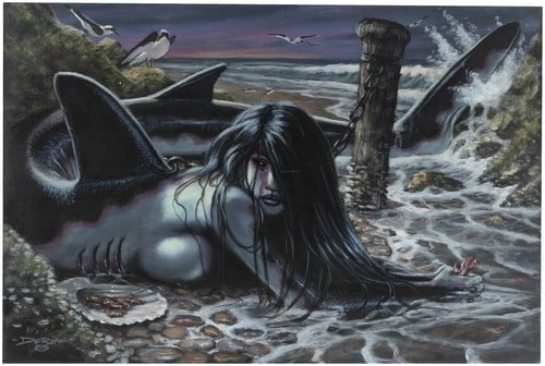 DORIAN CLEAVENGER Original Acrylic Paint on Board: Artist: Dorian Cleavenger Title: Mermaid Shark Girl Year: 2005 Size: 20 x 30 inches Type: Original Acrylic Paint on Wooden Board Hand Signed by the Artist CERTIFICATE OF AUTHENTICITY INCLUDED ARTWORK 