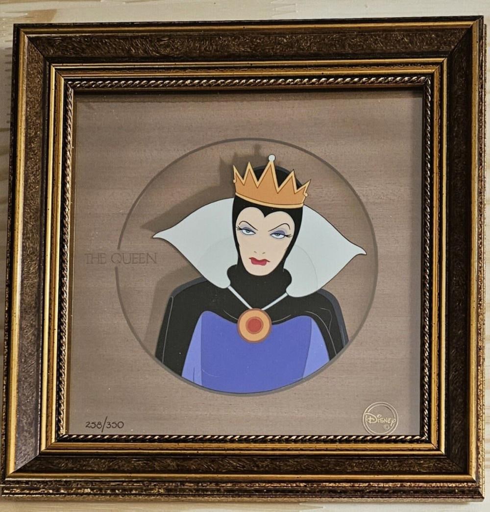 Disney, 'Snow White - The Queen Grimhilde' Limited Edition Courvoisier: Studio: Walt Disney Title: 'The Queen Grimhilde' from Snow White and the Seven Dwarfs Medium: hand-painted and hand-inked with a wood veneer background Date: 1997 Character: The Queen Edition: 350 Fra
