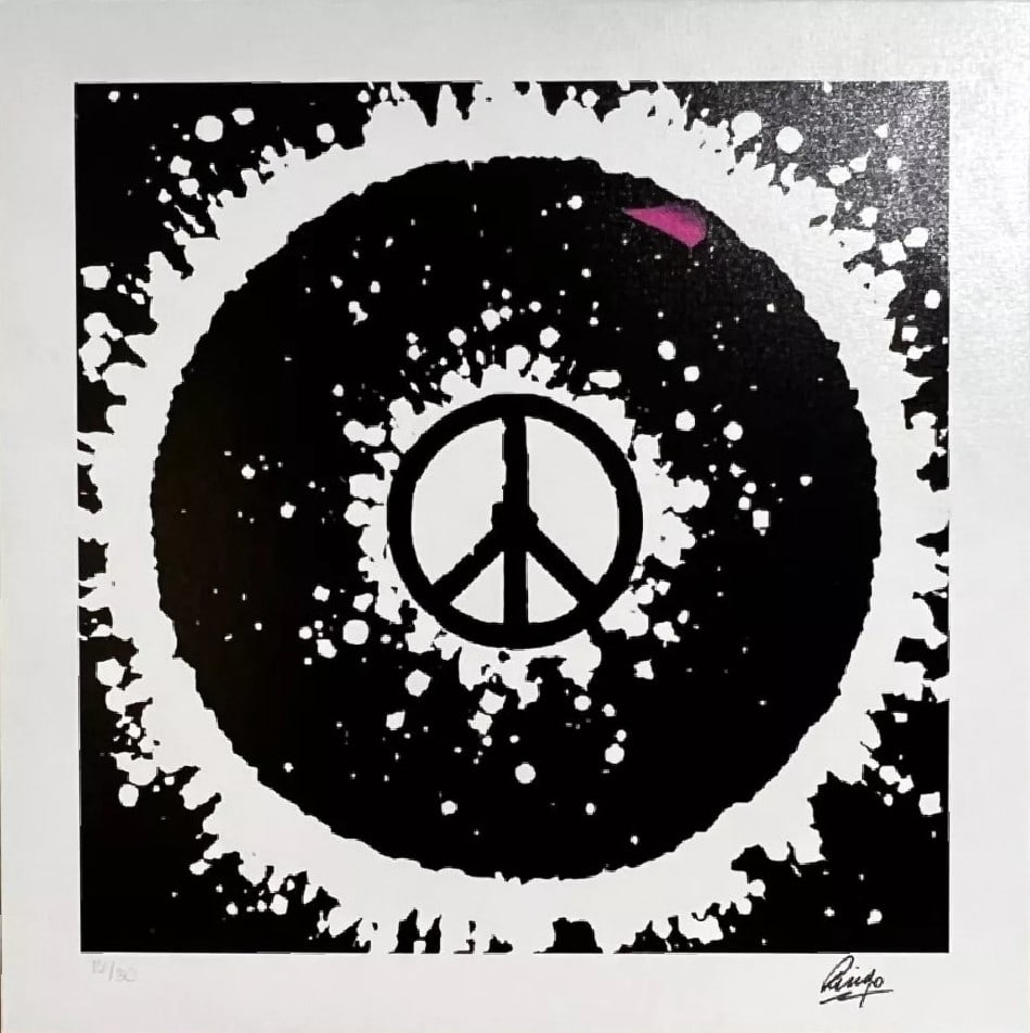 Ringo Starr, 'Black & White Peace Sign', Hand Signed Limited Edition: Artist: Ringo Starr Title: Black & White Peace Type: Giclee on Canvas Signed: Yes Edition: 16 of 30 Size: 17.75"x16.5" Artwork is in excellent condition. Signed and Numbered by the artist. Sold unfram