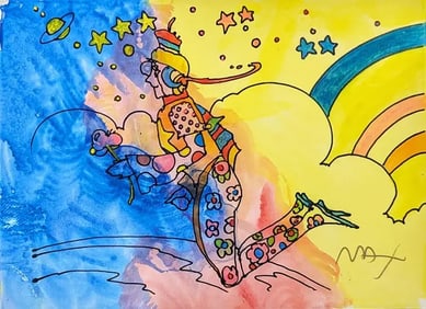 Peter Max,' Cosmic Flyer', Orignal Mixed Media Water Color Painting, C.1990