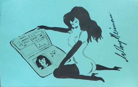 LeRoy Neiman, Playboy Femlin Exames her Passport, Original Signed Watercolor Drawing