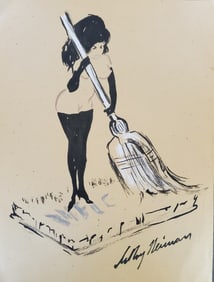 LeRoy Neiman, Playboy Femlin Cleans her Welcome-Mat, Original Signed Watercolor Drawing