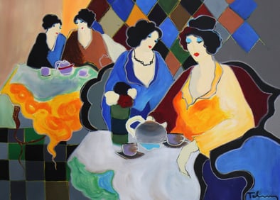 Itzchak Tarkay, '4 Women At Tea Time' Original Mixed Media On Canvas 30 x 40