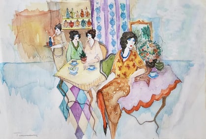 Itzchak Tarkay, 'Cafe Daniel,' Original Watercolor On Franch Arches Paper, 22"x15"