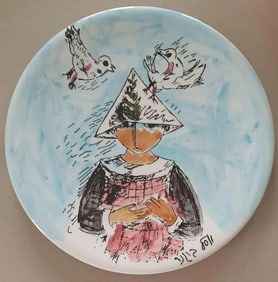 Yosl Bergner, 'Girl with a branch' - II, Oil Painting on porcelain