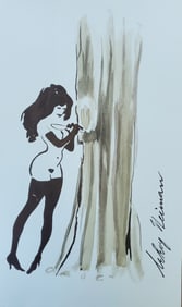 LeRoy Neiman, Playboy Femlin hiding behind the curtain, Original Signed Watercolor Drawing