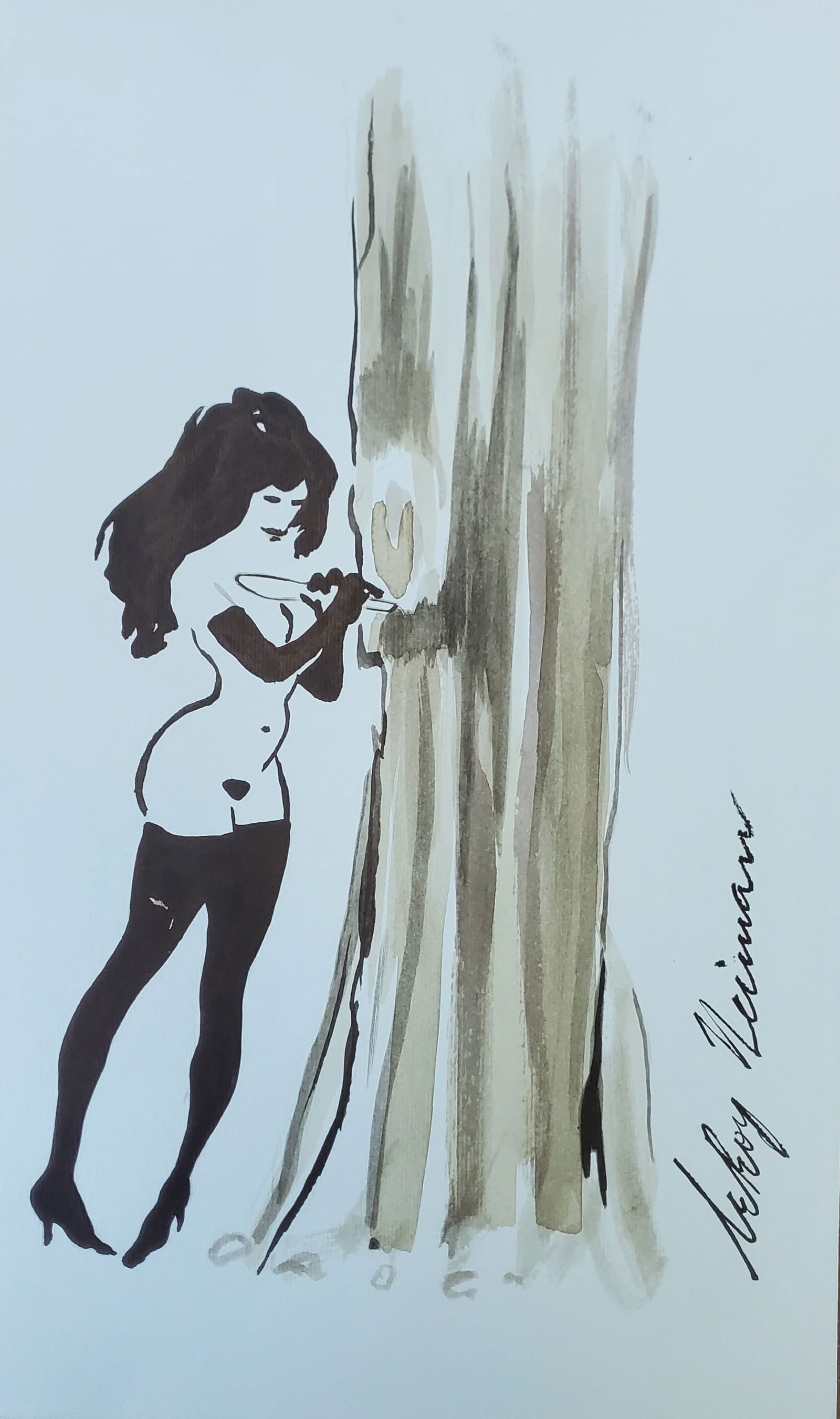 LeRoy Neiman, Playboy Femlin hiding behind the curtain, Original Signed Watercolor Drawing