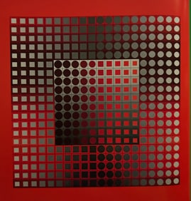 Victor Vaserely, Spheres & Squares on red background