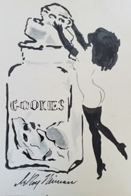 LeRoy Neiman, Playboy Femlin stealing from the cookie jar, Original Signed Watercolor Drawing