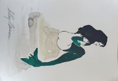 LeRoy Neiman,  Playboy Femlin Mermaid on the Rocks, Original Signed Watercolor Drawing