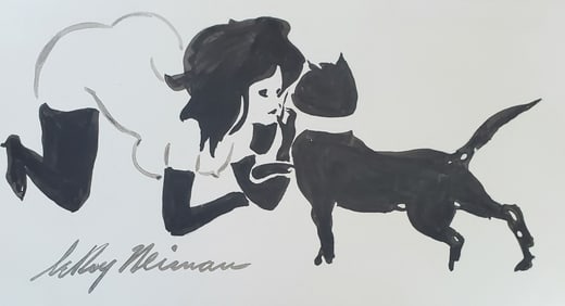 LeRoy Neiman, Playboy Femlin Summons her Kitty, Original Signed Watercolor Drawing
