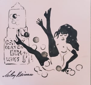 LeRoy Neiman, Playboy Femlin slips on her gumballs, Original Signed Watercolor Drawing
