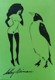 LeRoy Neiman, Playboy Femlin hanging out with a penguin, Original Signed Watercolor Drawing