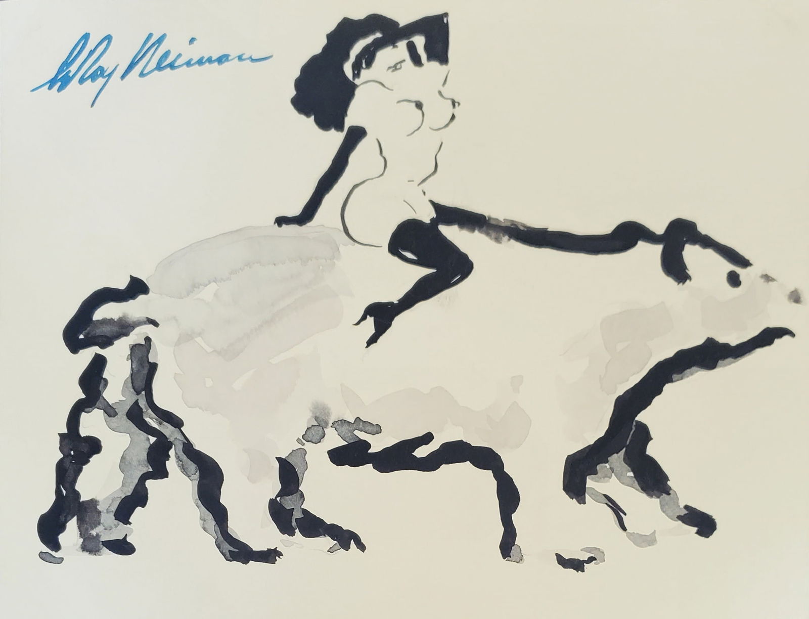 LeRoy Neiman, Playboy Femlin rides a wispy bear, Original Signed Watercolor Drawing (1 of 2)